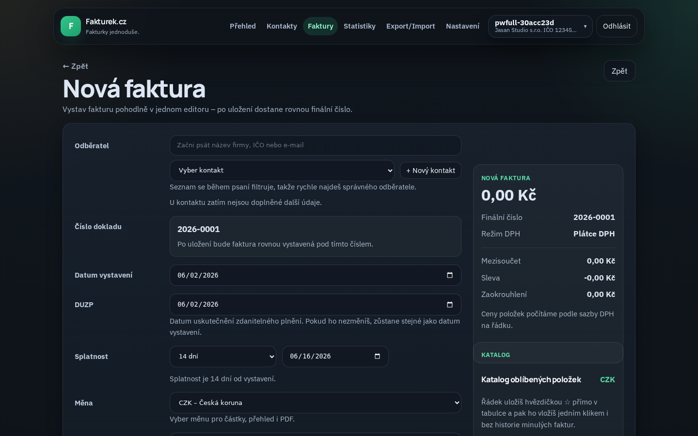 Tmavý editor nové faktury ve Fakturku